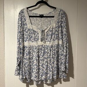 Babydoll Rayon Slub Lace Trim Long Sleeve Top